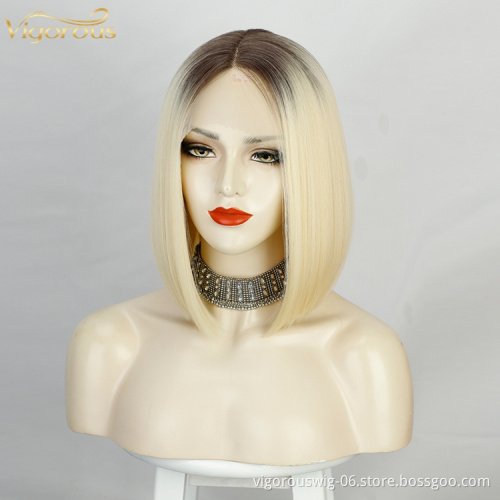 Vigorous Women Heat Resistant Blonde Ombre Straight Short Bob Wigs With Lace Front High Temperature Fiber Synthetic Wigs